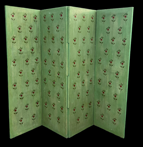 PARAVENT ANCIEN DU XIXe A 4 FEUILLES EN TOILE PEINTE A DECOR D ARCHITECTURES