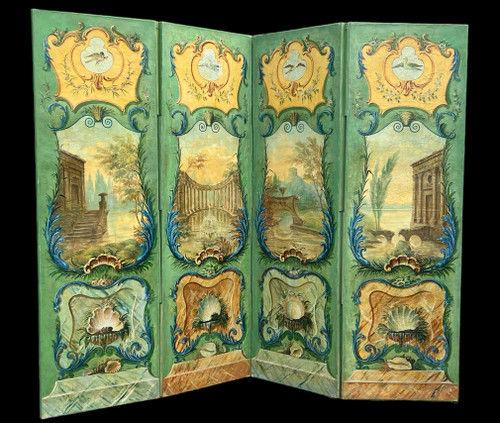 PARAVENT ANCIEN DU XIXe A 4 FEUILLES EN TOILE PEINTE A DECOR D ARCHITECTURES