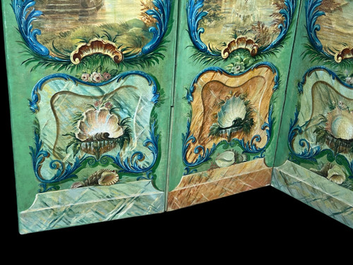 PARAVENT ANCIEN DU XIXe A 4 FEUILLES EN TOILE PEINTE A DECOR D ARCHITECTURES