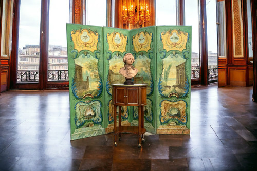 PARAVENT ANCIEN DU XIXe A 4 FEUILLES EN TOILE PEINTE A DECOR D ARCHITECTURES