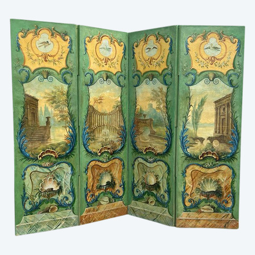 PARAVENT ANCIEN DU XIXe A 4 FEUILLES EN TOILE PEINTE A DECOR D ARCHITECTURES
