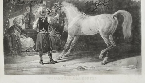 Arabian Horse Orientalist Engraving After Vernet Turkish Horse On Watch Etching Old Print