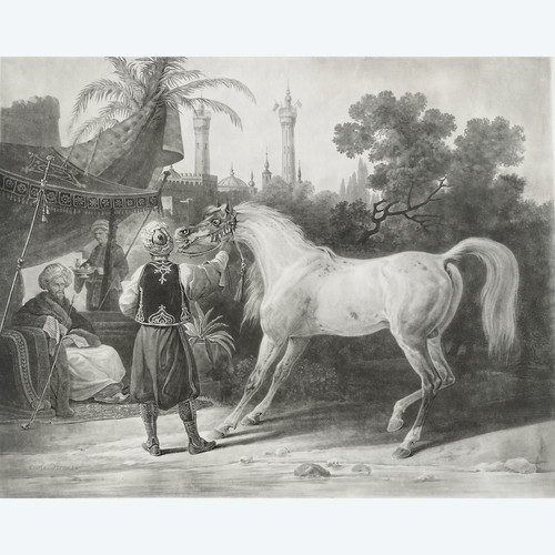 Arabian Horse Orientalist Engraving After Vernet Turkish Horse On Watch Etching Old Print