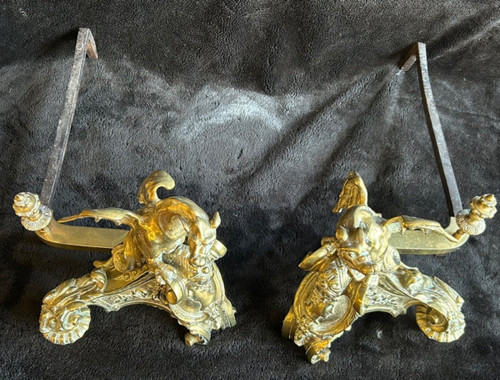 Pair Of Bronze Andirons Decorated With Dragons With Spread Wings Regency Style 19th Century