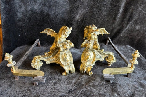 Pair Of Bronze Andirons Decorated With Dragons With Spread Wings Regency Style 19th Century