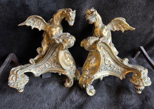 Pair Of Bronze Andirons Decorated With Dragons With Spread Wings Regency Style 19th Century