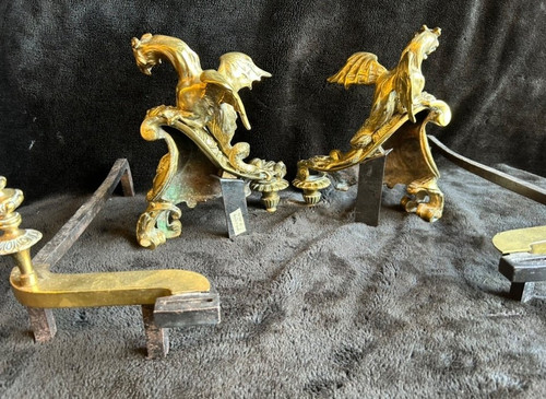Pair Of Bronze Andirons Decorated With Dragons With Spread Wings Regency Style 19th Century