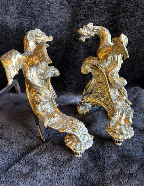 Pair Of Bronze Andirons Decorated With Dragons With Spread Wings Regency Style 19th Century