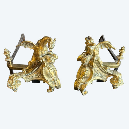 Pair Of Bronze Andirons Decorated With Dragons With Spread Wings Regency Style 19th Century