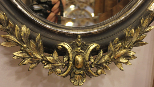 Specchio nuziale ovale, coppia di uccelli, foglia oro e patina, vetro molato 65 x 109 cm