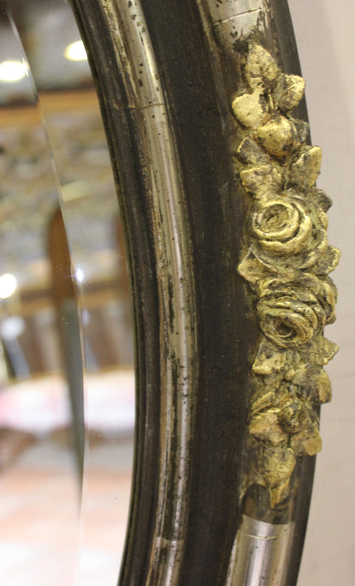 Specchio nuziale ovale, coppia di uccelli, foglia oro e patina, vetro molato 65 x 109 cm