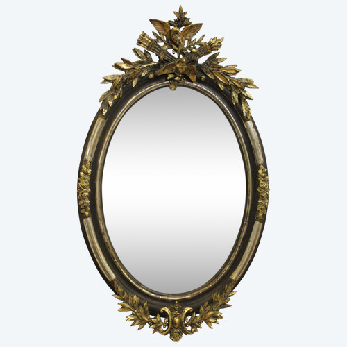 Specchio nuziale ovale, coppia di uccelli, foglia oro e patina, vetro molato 65 x 109 cm