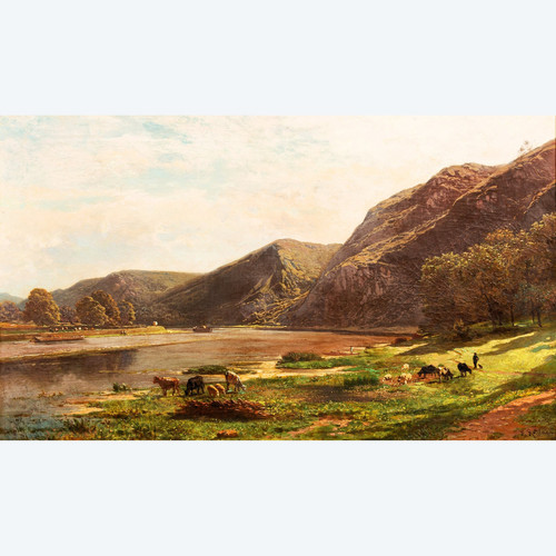 On the banks of the Meuse near Waulsort by François Roffiaen (1820-1898) Oil on canvas