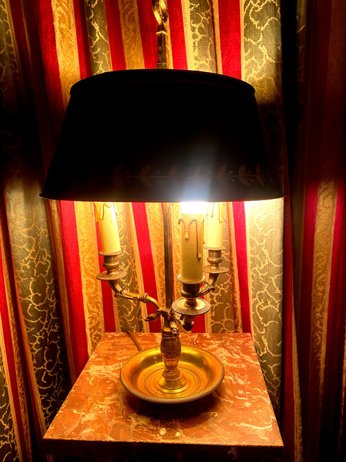 Bouillotte lamp in bronze for Office or Library, adjustable green lacquered metal lampshade Emp