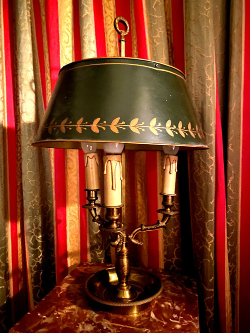 Bouillotte lamp in bronze for Office or Library, adjustable green lacquered metal lampshade Emp