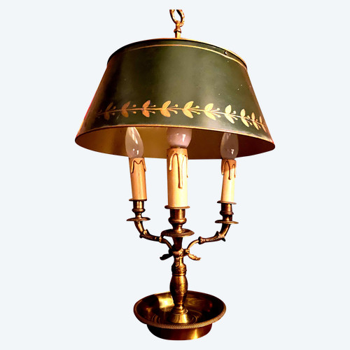 Bouillotte lamp in bronze for Office or Library, adjustable green lacquered metal lampshade Emp