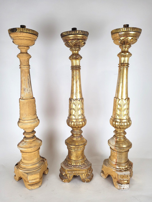 Suite Of 3 Large Candlesticks In Golden Wood, Early 19th Century