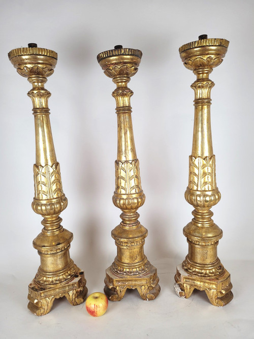 Suite Of 3 Large Candlesticks In Golden Wood, Early 19th Century