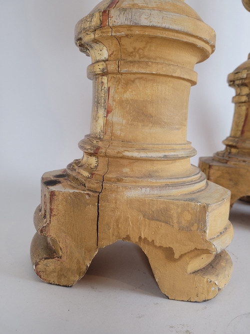 Suite Of 3 Large Candlesticks In Golden Wood, Early 19th Century