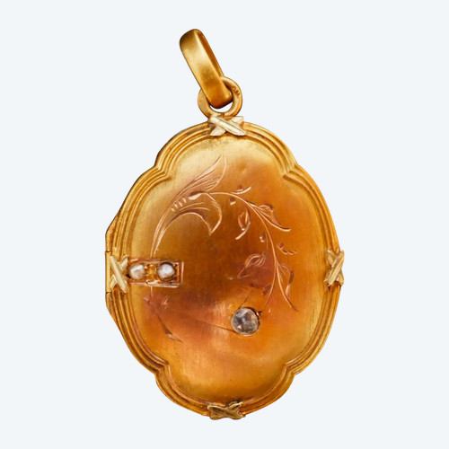 Medaillon-Anhänger, Foto- oder Souvenirhalter, Diamanten im Rosenschliff und Perlen.