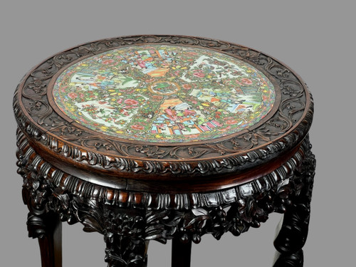 INCENSE TABLE FORMING A GUERIDON WITH ITS CANTON PORCELAIN TOP