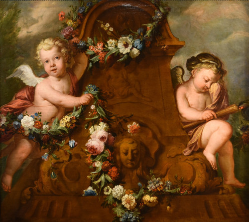 Jacob De Wit (Amsterdam, 1695 - 1754), Amorettenpaar mit Blumengirlande
