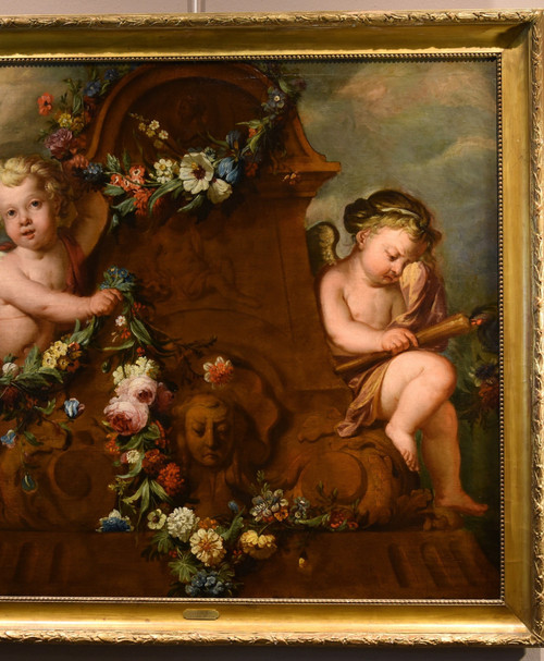 Jacob De Wit (Amsterdam, 1695 - 1754), Amorettenpaar mit Blumengirlande