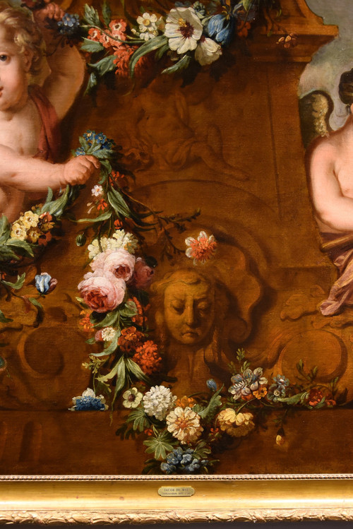Jacob De Wit (Amsterdam, 1695 - 1754), Amorettenpaar mit Blumengirlande