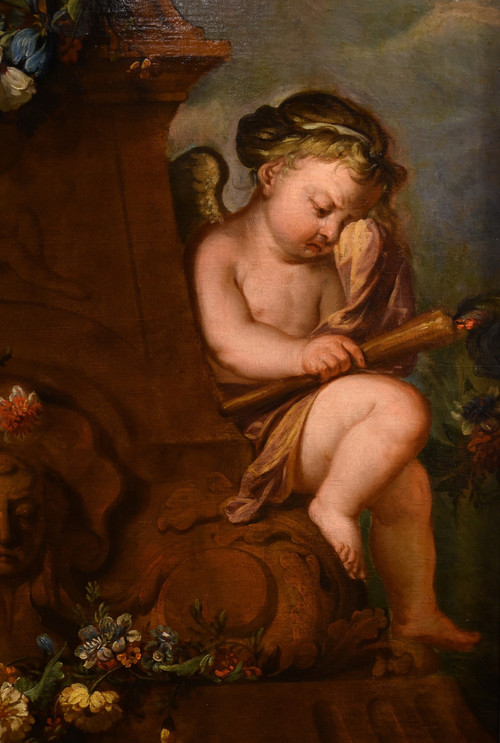 Jacob De Wit (Amsterdam, 1695 - 1754), Amorettenpaar mit Blumengirlande