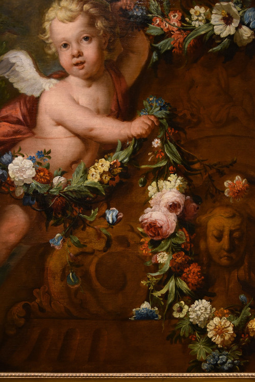 Jacob De Wit (Amsterdam, 1695 - 1754), Amorettenpaar mit Blumengirlande