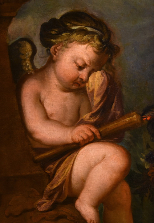 Jacob De Wit (Amsterdam, 1695 - 1754), Amorettenpaar mit Blumengirlande