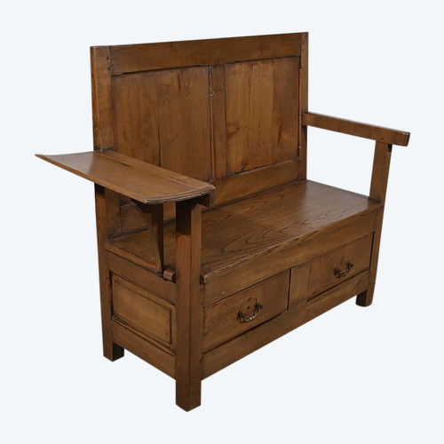 Rare Banc Coffre dit Cantou de Cheminée en Merisier et Châtaignier – 2ème moitié XIXe