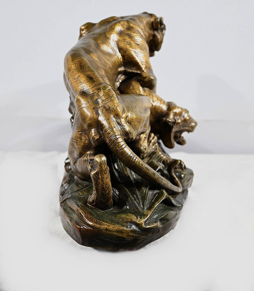 Gruppo in bronzo "Combat de Tigres", firmato E. Drouot - Fine XIX secolo