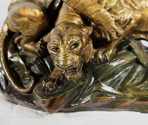 Gruppo in bronzo "Combat de Tigres", firmato E. Drouot - Fine XIX secolo