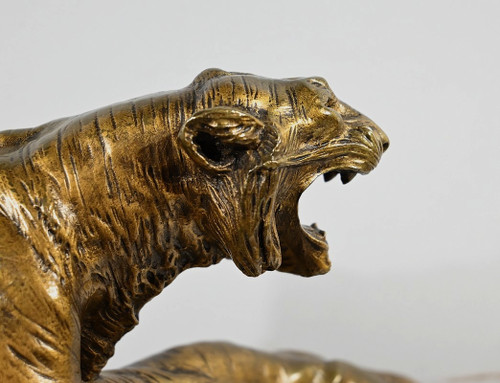 Gruppo in bronzo "Combat de Tigres", firmato E. Drouot - Fine XIX secolo