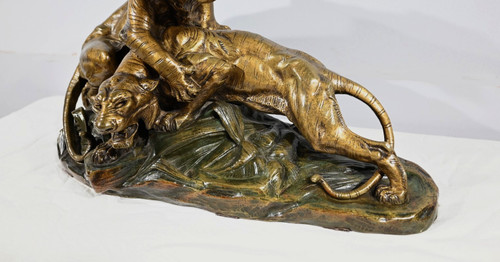 Gruppo in bronzo "Combat de Tigres", firmato E. Drouot - Fine XIX secolo