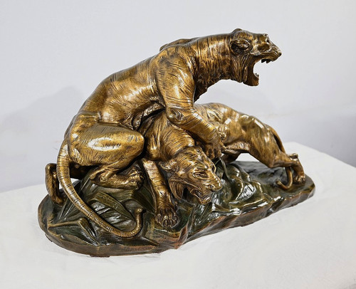 Gruppo in bronzo "Combat de Tigres", firmato E. Drouot - Fine XIX secolo
