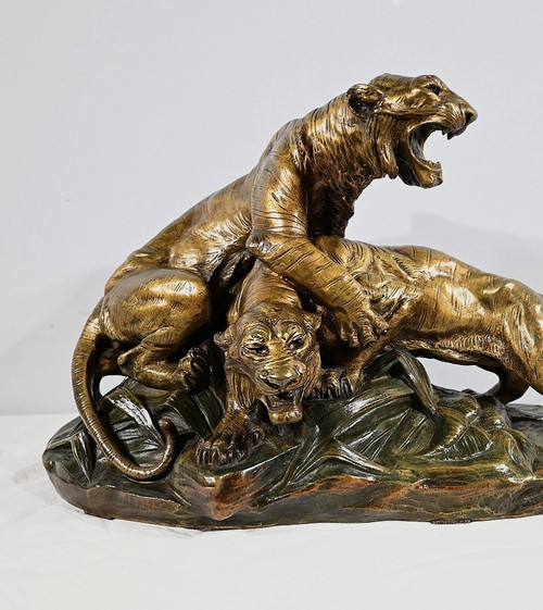 Gruppo in bronzo "Combat de Tigres", firmato E. Drouot - Fine XIX secolo