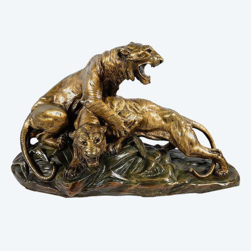 Gruppo in bronzo "Combat de Tigres", firmato E. Drouot - Fine XIX secolo