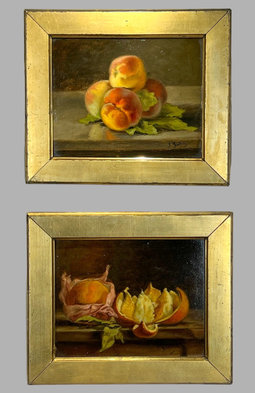 PAAR BILDER /HUILLES AUF KARTON /SIGNIERT J.GUERIN "STILLLEBEN MIT OBST