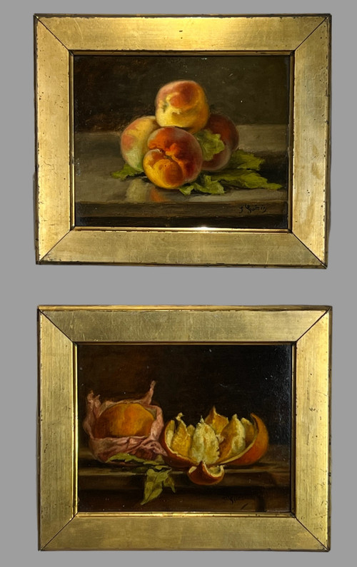 PAAR BILDER /HUILLES AUF KARTON /SIGNIERT J.GUERIN "STILLLEBEN MIT OBST