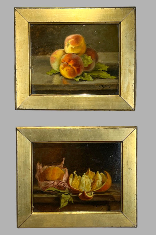 PAAR BILDER /HUILLES AUF KARTON /SIGNIERT J.GUERIN "STILLLEBEN MIT OBST