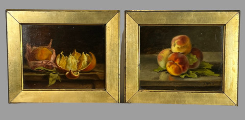 PAAR BILDER /HUILLES AUF KARTON /SIGNIERT J.GUERIN "STILLLEBEN MIT OBST