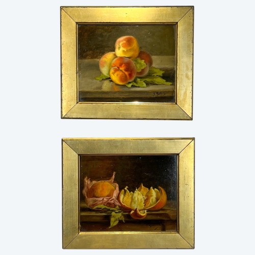 PAAR BILDER /HUILLES AUF KARTON /SIGNIERT J.GUERIN "STILLLEBEN MIT OBST