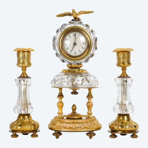 A Baccarat ormolu and crystal mantel set, late 19th century