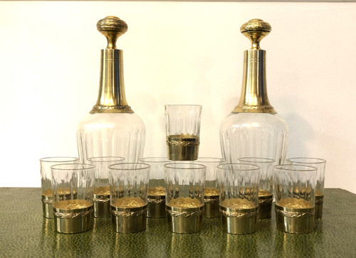 PAUL FOUCARD crystal and vermeil liqueur service / solid silver MINERVE 2 decanters + 12 glasses