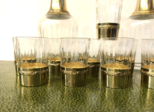 PAUL FOUCARD crystal and vermeil liqueur service / solid silver MINERVE 2 decanters + 12 glasses