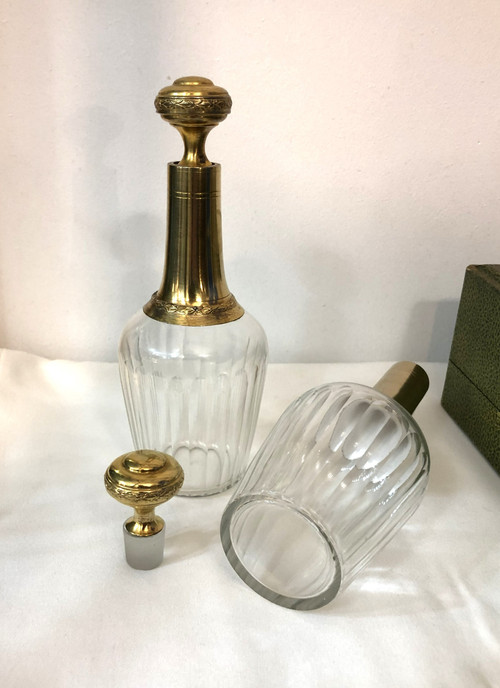 PAUL FOUCARD crystal and vermeil liqueur service / solid silver MINERVE 2 decanters + 12 glasses