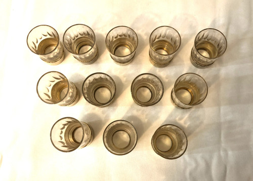 PAUL FOUCARD crystal and vermeil liqueur service / solid silver MINERVE 2 decanters + 12 glasses