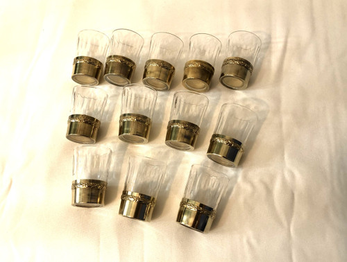 PAUL FOUCARD crystal and vermeil liqueur service / solid silver MINERVE 2 decanters + 12 glasses
